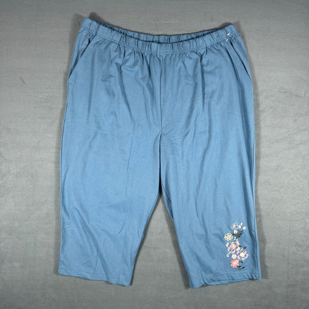 American Sweetheart Womens Capri Pants XX Blue Floral Embroidered Elastic Waist